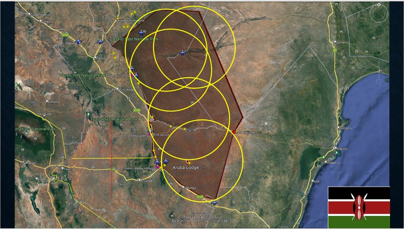 Map of Kenya showing overlapping long-range surveillance coverage areas across Tsavo.