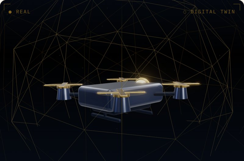 The digital twin of a quadrotor rendered in a wireframe volume, used in coursework.