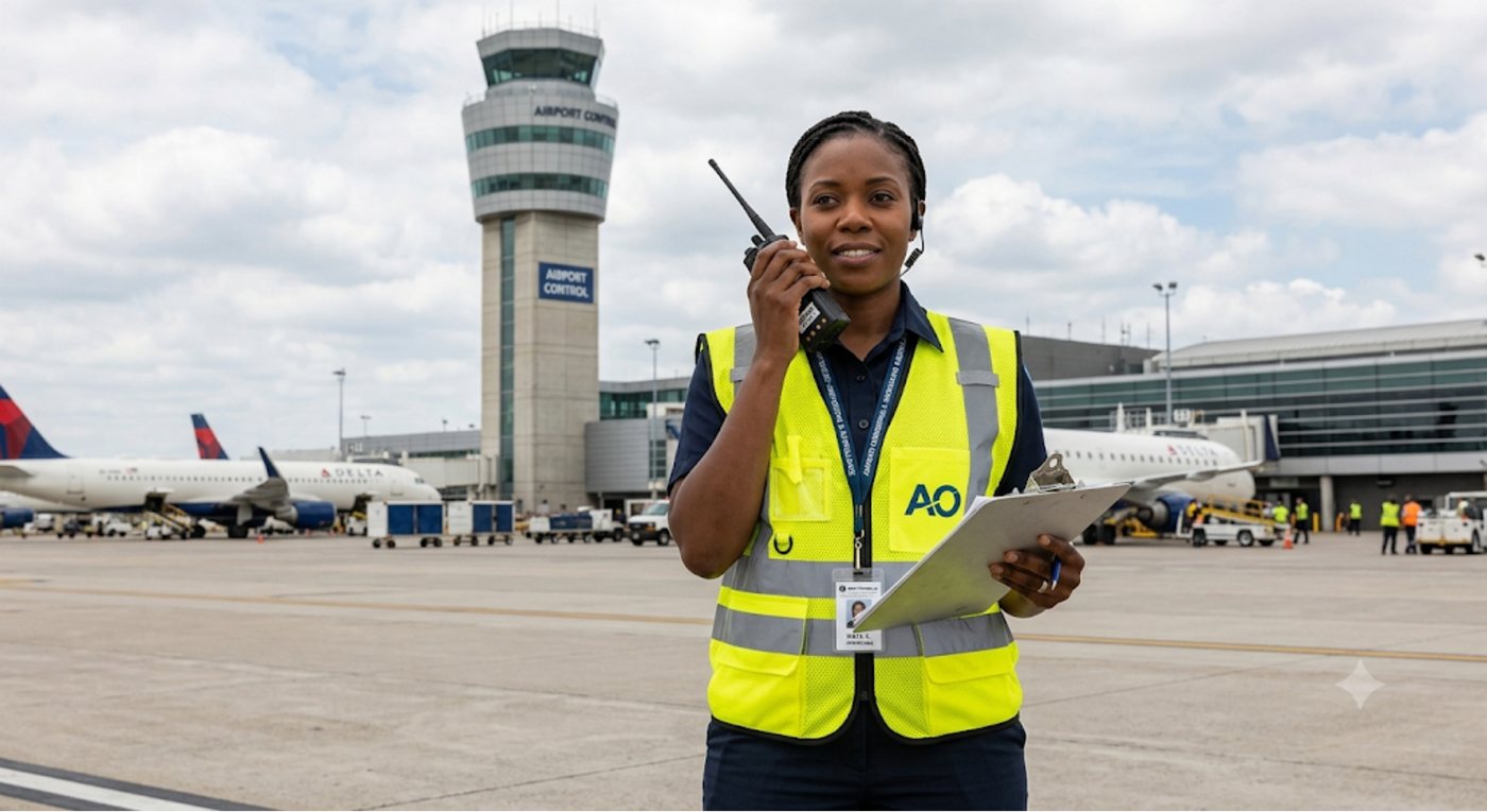An airport ramp with a controller, tower and airliners.